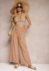 Beżowe Bawełniane Spodnie Kuloty High Waist z Gumką w Pasie Vimarielle. Brązowe jeansy Renee, bez wzorów, z bawełny, biznesowe, z podwyższonym stanem. W wyprzedaży za 26.99 zł.