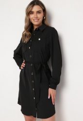 Czarna Sukienka Koszulowa z Wiązanym Paskiem Bufiastymi Rękawami Blemianna. Czarne sukienki Born2be, do pracy, l, bez wzorów, biznesowe, bez kołnierzyka, bez ramiączek, koszulowe. Za 99.99 zł.