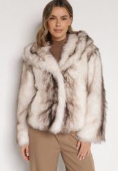 Jasnobeżowa Futrzana Kurtka z Nieodpinanym Kapturem Tusarea. Brązowe kurtki Born2be, l, bez wzorów, z futra, eleganckie. Za 259.99 zł.