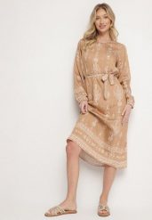 Beżowa Sukienka we Wzory Boho Pudełkowa z Paskiem w Talii Lisanea. Brązowe sukienki Born2be, na co dzień, bez wzorów, z materiału, boho, bez kołnierzyka, bez ramiączek, midi, w kształcie A. W wyprzedaży za 84.99 zł.