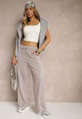 Szare Spodnie Dresowe z Bawełną o Szerokim Kroju High Waist z Paskami Salliara. Szare jeansy Renee, l, bez wzorów, z bawełny, z podwyższonym stanem. W wyprzedaży za 63.99 zł.