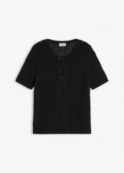 Sweter ażurowy z mieszanki bawełny. Czarne swetry bonprix, w ażurowe wzory, z bawełny, bez ramiączek. Za 29.99 zł.