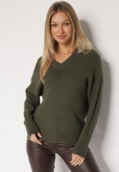 Ciemnozielony Sweter z Domieszką Kaszmiru z Dekoltem w Serek Feralaine. Zielone swetry Born2be, bez wzorów, z jeansu, eleganckie, bez ramiączek. Za 109.99 zł.
