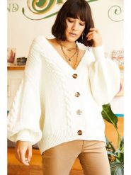 Olalook Kardigan w kolorze kremowym rozmiar: onesize. Brązowe swetry Olalook, bez wzorów, ze splotem, bez ramiączek. Za 96.83 zł.