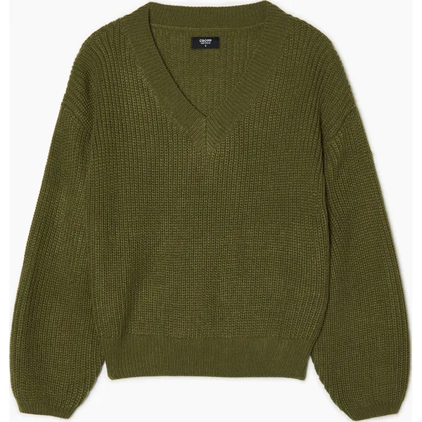 Sweter z dekoltem w serek - Khaki. Brązowe swetry Cropp, l, bez wzorów, z dzianiny, bez ramiączek. Za 79.99 zł.