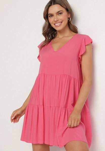 Różowa Rozkloszowana Sukienka z Bawełny Ozdobiona Falbankami Natiriane. Czerwone sukienki Born2be, na co dzień, l, bez wzorów, z bawełny, eleganckie, bez kołnierzyka, bez ramiączek, mini, rozkloszowane. Za 49.99 zł.