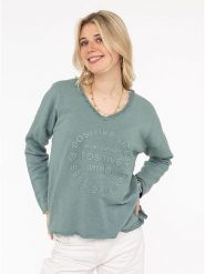 Zwillingsherz Sweter "Positive Mind" w kolorze zielonym rozmiar: S/M. Zielone swetry Zwillingsherz, m, bez wzorów, z bawełny, bez ramiączek. Za 126.99 zł.