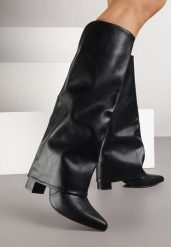 Czarne Botki na Słupku z Dodatkową Cholewką Imitującą Nogawkę Nalapeia. Czarne botki Born2be, bez wzorów, z jeansu, bez obcasa, na obcasie, bez zapięcia. Za 159.99 zł.