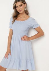 Jasnoniebieska Sukienka z Bawełny z Elastycznym Dekoltem i Falbanką Loridia. Niebieskie sukienki Born2be, na co dzień, m, bez wzorów, z bawełny, eleganckie, bez kołnierzyka, bez ramiączek, mini. W wyprzedaży za 38.24 zł.