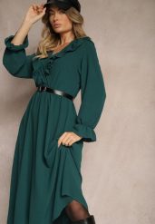 Ciemnozielona Sukienka z Falbanką o Rozkloszowanym Fasonie z Gumką w Talii Elorenda. Zielone sukienki Renee, na co dzień, bez wzorów, z jeansu, eleganckie, bez kołnierzyka, bez ramiączek, midi, rozkloszowane. W wyprzedaży za 55.99 zł.