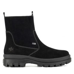 Botki Rieker. Czarne botki Rieker, bez wzorów, bez obcasa, na płaskiej podeszwie, bez zapięcia. Za 399.00 zł.