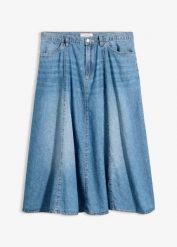 Spódnica jeansowa z lekkiego denimu, z regulowanym pasem. Niebieskie spódnice bonprix, bez wzorów, z denimu, midi. Za 149.99 zł.