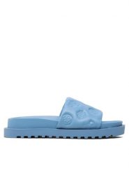 Guess Klapki Fabetza FL6BZT ELE19 Niebieski. Niebieskie klapki Guess, z aplikacjami, ze skóry, bez obcasa, bez zapięcia. Za 329.99 zł.