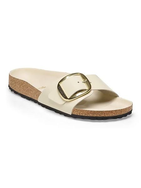 Birkenstock Skórzane klapki "Madrid" w kolorze kremowym rozmiar: 37. Brązowe klapki Birkenstock, bez wzorów, klasyczne, z otwartym noskiem, bez obcasa, bez zapięcia. Za 416.30 zł.