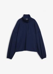 Bluza oversize z dzianiny typu scuba. Niebieskie bluzy bonprix, bez wzorów, z dzianiny, bez ramiączek, bez kaptura. Za 59.99 zł.