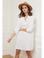 Fleur de Lin Lniana sukienka "Basta" w kolorze białym rozmiar: XL. Białe sukienki Fleur de Lin, xl, bez wzorów, ze lnu, bez kołnierzyka, bez ramiączek, mini. Za 118.84 zł.