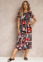 Czarno-Czerwona Rozkloszowana Sukienka Midi z Gumką w Talii i Krótkimi Rękawami Tynesa. Czarne sukienki Renee, na co dzień, xl, bez wzorów, z tkaniny, bez kołnierzyka, bez ramiączek, midi, proste. W wyprzedaży za 23.99 zł.