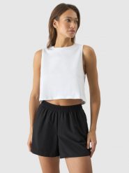 4F Crop-top oversize gładki damski - biały XS. Białe topy 4f, xs, bez wzorów, z bawełny, sportowe, bez kołnierzyka, bez ramiączek. Za 39.99 zł.