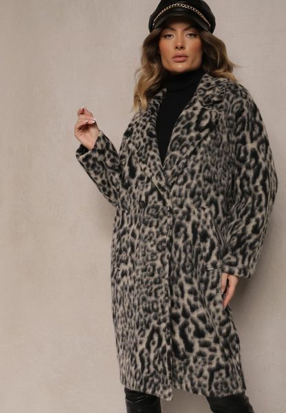 Szary Panterkowy Płaszcz Dwurzędowy Pesaltia. Szare płaszcze Renee, na jesień, bez wzorów, klasyczne, bez kaptura. Za 284.99 zł.