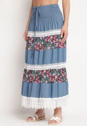 Biało-Niebieska Jeansowa Rozkloszowana Spódnica Bawełniana z Gumką w Pasie Zdobiona Koronką Tesaopi. Białe spódnice Born2be, l, z aplikacjami, z bawełny, maxi, rozkloszowane. Za 79.99 zł.