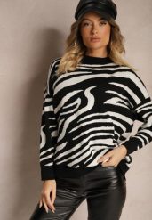 Biało-Czarny Sweter o Klasycznym Kroju w Print w Zebrę Venitia. Białe swetry Renee, na zimę, bez wzorów, casualowe, bez ramiączek. W wyprzedaży za 63.99 zł.