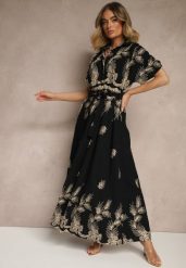 Czarna Bawełniana Sukienka o Rozkloszowanym Kroju z Paskiem i Haftem Evalinne. Czarne sukienki Renee, na co dzień, l, z aplikacjami, z bawełny, eleganckie, bez kołnierzyka, bez ramiączek, maxi, proste. W wyprzedaży za 101.99 zł.