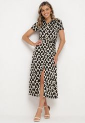 Czarno-Beżowa Koszulowa Sukienka z Kołnierzem i Materiałowym Paskiem w Talii Vranea. Czarne sukienki Born2be, na co dzień, l, bez wzorów, z materiału, eleganckie, bez kołnierzyka, bez ramiączek, midi, koszulowe. W wyprzedaży za 144.49 zł.