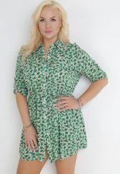 Zielona Koszulowa Sukienka Mini w Kwiaty z Materiałowym Paskiem i Podpinanymi Rękawami Isamone. Zielone sukienki Born2be, l, bez wzorów, z materiału, bez kołnierzyka, plus size, bez ramiączek, mini, koszulowe. W wyprzedaży za 63.74 zł.