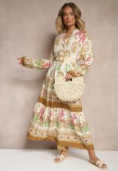 Beżowa Sukienka z Wiskozy Rozkloszowana w Print Boho Aedia. Brązowe sukienki Renee, na co dzień, l, z aplikacjami, z wiskozy, boho, bez kołnierzyka, bez ramiączek, maxi, rozkloszowane. W wyprzedaży za 67.99 zł.