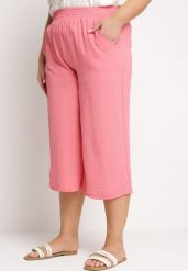 Różowe Szerokie Spodnie z Wysokim Stanem z Gumką w Talii i Nogawkami Długości 3/4 Levolia. Czerwone jeansy Born2be, plus size, bez wzorów, z jeansu, eleganckie, z podwyższonym stanem. Za 54.99 zł.