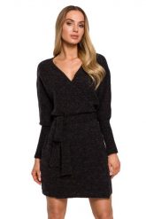 Swetrowa Mini Sukienka z Kopertowym Dekoltem - Antracytowa. Szare sukienki MOE, l, bez wzorów, z dzianiny, bez kołnierzyka, bez ramiączek, mini, kopertowe. Za 318.90 zł.