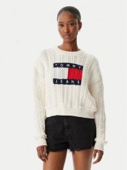Tommy Jeans Sweter Intarsia Flag Badge DW0DW22317 Kremowy Regular Fit. Białe swetry Tommy Jeans, xs, bez wzorów, z bawełny, bez ramiączek. Za 529.99 zł.