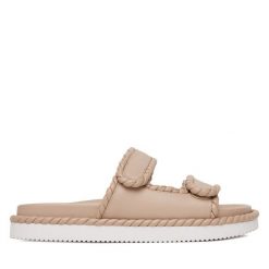 Klapki Badura. Brązowe klapki Badura, bez wzorów, bez obcasa, bez zapięcia. Za 249.99 zł.