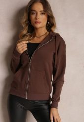 Ciemnobrązowa Bluza z Kapturem i Suwakiem Oversize Des. Brązowe bluzy Renee, na zimę, xl, bez wzorów, z dzianiny, sportowe, bez ramiączek, z kapturem. W wyprzedaży za 39.99 zł.