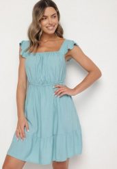Niebieska Sukienka z Wiskozą o Rozkloszowanym Kroju z Gumką w Pasie Lirimere. Niebieskie sukienki Born2be, na co dzień, m, bez wzorów, z wiskozy, eleganckie, bez kołnierzyka, bez ramiączek, mini, rozkloszowane. Za 39.99 zł.