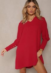 Bordowa Pudełkowa Sukienka z Rozkloszowanym Dołem i Bufiastymi Rękawami Kaimana. Czerwone sukienki Renee, na imprezę, s, bez wzorów, eleganckie, bez kołnierzyka, bez ramiączek, mini, rozkloszowane. W wyprzedaży za 55.99 zł.