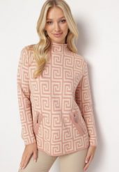 Różowy Sweter z Półgolfem o Geometrycznym Wzorze i Ozdobnymi Suwakami Waqaia. Czerwone swetry Born2be, na zimę, bez wzorów, z dzianiny, bez ramiączek. W wyprzedaży za 84.99 zł.