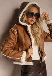 Brązowa Kurtka Biker o Krótkim Kroju z Kapturem i Futerkowymi Wstawkami Dailora. Brązowe kurtki Renee, l, bez wzorów, z jeansu, eleganckie, z kapturem. W wyprzedaży za 185.49 zł.