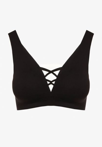 Czarny Sportowy Biustonosz Zdobiony Siateczką i Gorsetową Aplikacją Salinalla. Czarne biustonosze sportowe Renee, z aplikacjami, na fitness i siłownię. Za 69.99 zł.