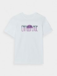 4F Top z nadrukiem z bawełny organicznej damski - czarny M. Czarne topy 4f, m, bez wzorów, z bawełny, sportowe, bez kołnierzyka, bez ramiączek. W wyprzedaży za 19.99 zł.