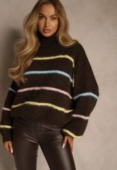 Brązowy Golf z Wełną w Paski Monallesa. Brązowe swetry Renee, na jesień, bez wzorów, z jeansu, bez ramiączek. Za 169.99 zł.