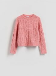 Sweter z warkoczowym splotem - różowy. Czerwone swetry Reserved, l, bez wzorów, z dzianiny, bez ramiączek. Za 139.99 zł.