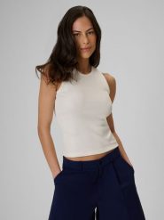 4F Top slim z prążkowanej dzianiny damski - kremowy L. Brązowe topy 4f, l, bez wzorów, z bawełny, bez kołnierzyka, bez ramiączek. Za 49.99 zł.