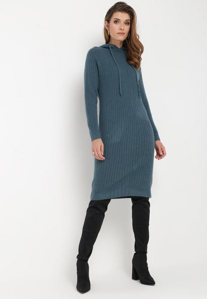 Ciemnozielona Wełniana Sukienka z Kapturem w Prążki Tyrwe. Zielone sukienki Born2be, na co dzień, bez wzorów, z jeansu, eleganckie, bez kołnierzyka, bez ramiączek, midi, proste. Za 89.99 zł.