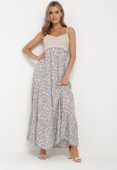 Niebiesko-Zielona Rozkloszowana Sukienka Maxi z Wiskozy w Kwiatowy Print i z Szydełkowym Wzorem Adviana. Niebieskie sukienki Born2be, m, bez wzorów, z wiskozy, bez kołnierzyka, bez ramiączek, maxi, rozkloszowane. W wyprzedaży za 97.49 zł.