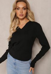Czarny Sweter z Dekoltem w Serek i Ozdobnymi Guzikami Jara. Czarne swetry Renee, m, bez wzorów, casualowe, bez ramiączek. W wyprzedaży za 67.99 zł.