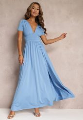 Jasnoniebieska Sukienka Maxi z Rozkloszowanym Dołem i Rozcięciem Zarya. Niebieskie sukienki Renee, m, bez wzorów, bez kołnierzyka, bez ramiączek, maxi, rozkloszowane. Za 169.99 zł.
