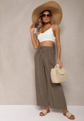 Ciemnozielone Bawełniane Szerokie Spodnie Kuloty High Waist z Gumką w Talii Evitaes. Zielone jeansy Renee, l, bez wzorów, z bawełny, biznesowe, z podwyższonym stanem. W wyprzedaży za 35.99 zł.