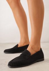 Czarne Mokasyny VICES ze Skórzaną Wkładką i Marszczeniem przy Nosku Ananora. Czarne mokasyny Renee, bez wzorów, z jeansu. Za 89.99 zł.