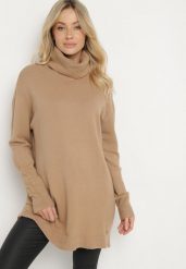 Beżowy Golf z Modalem i Wiskozą Zesalttia. Brązowe swetry Born2be, m, bez wzorów, z jeansu, biznesowe, bez ramiączek. W wyprzedaży za 76.49 zł.